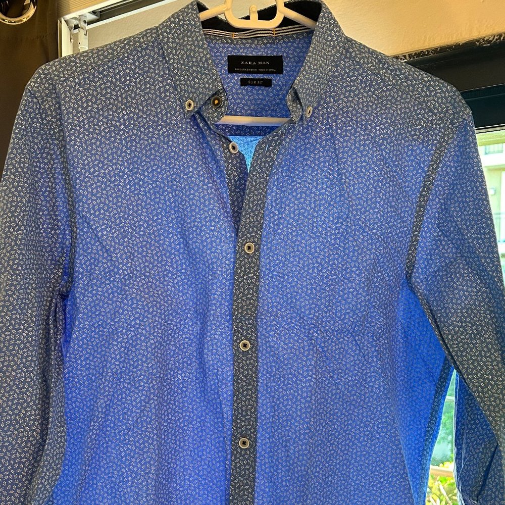 Zara Man Slim Fit Blue and White Flower Long-sleeve Button up